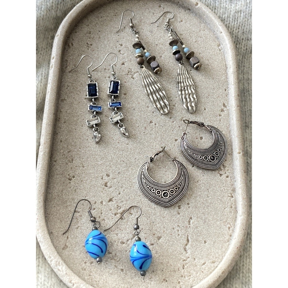 Pretty Dangle‎ Hoop Earrings Set Of 4 Silver Tones & Blue Beads Boho Artsy